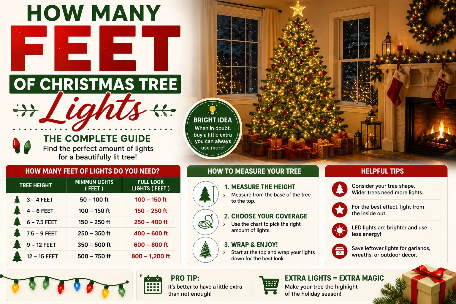 how many feet for christmas tree lights