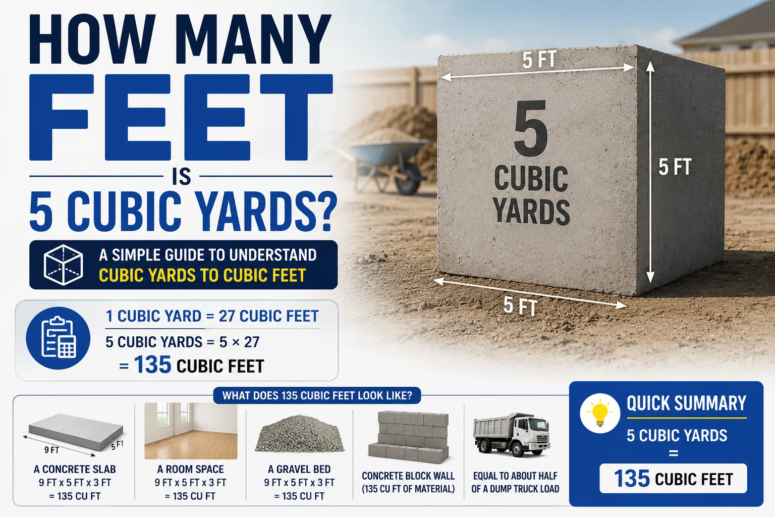how many feet is 5 cubic yards