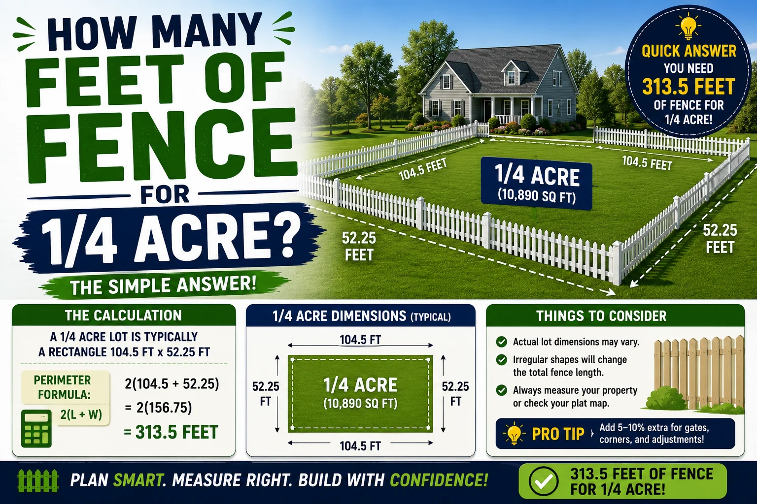 how many feet of fence for 1/4 acre