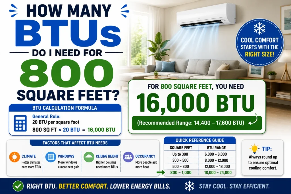 how many btus do i need for 800 square feet