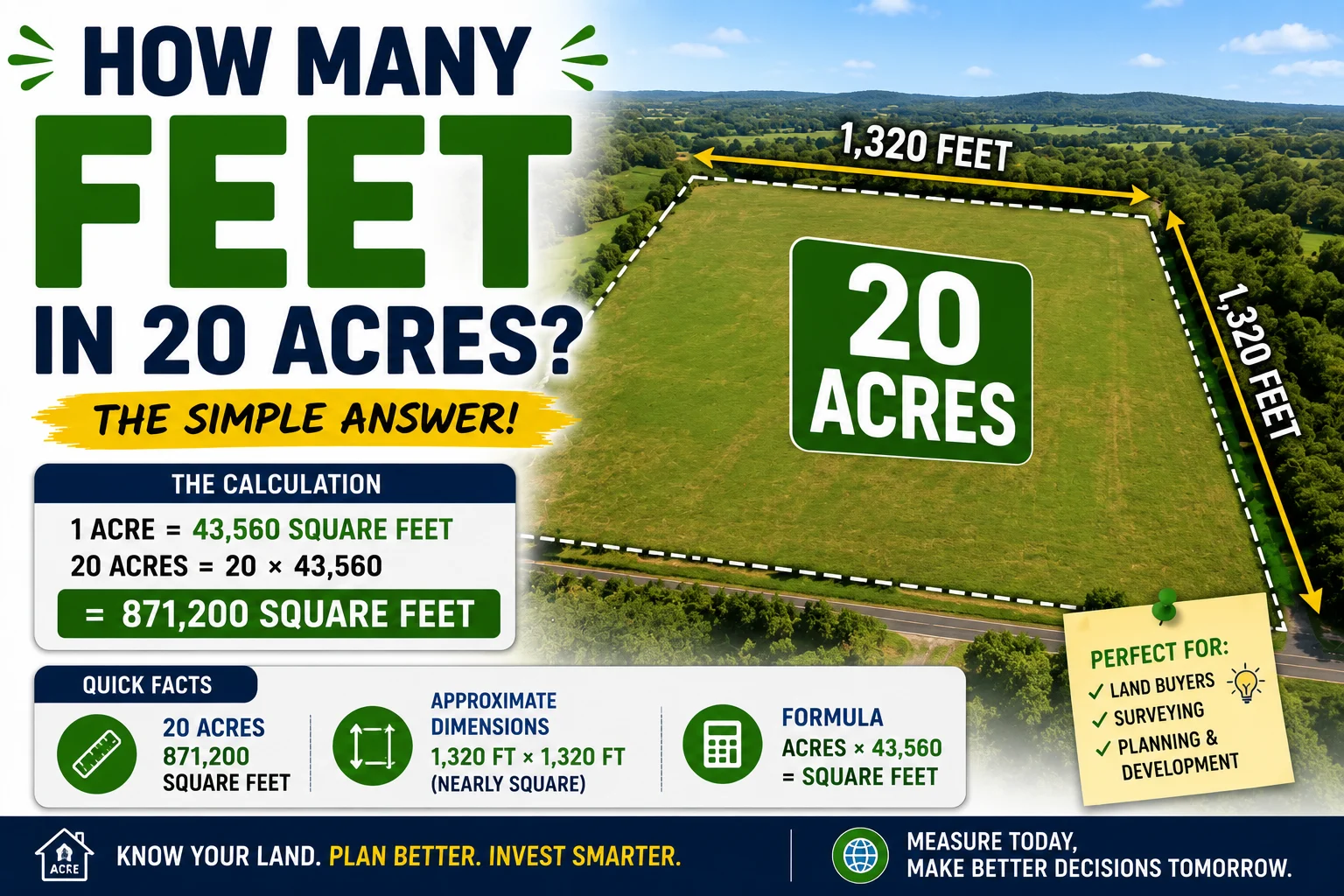 how many feet in 20 acres