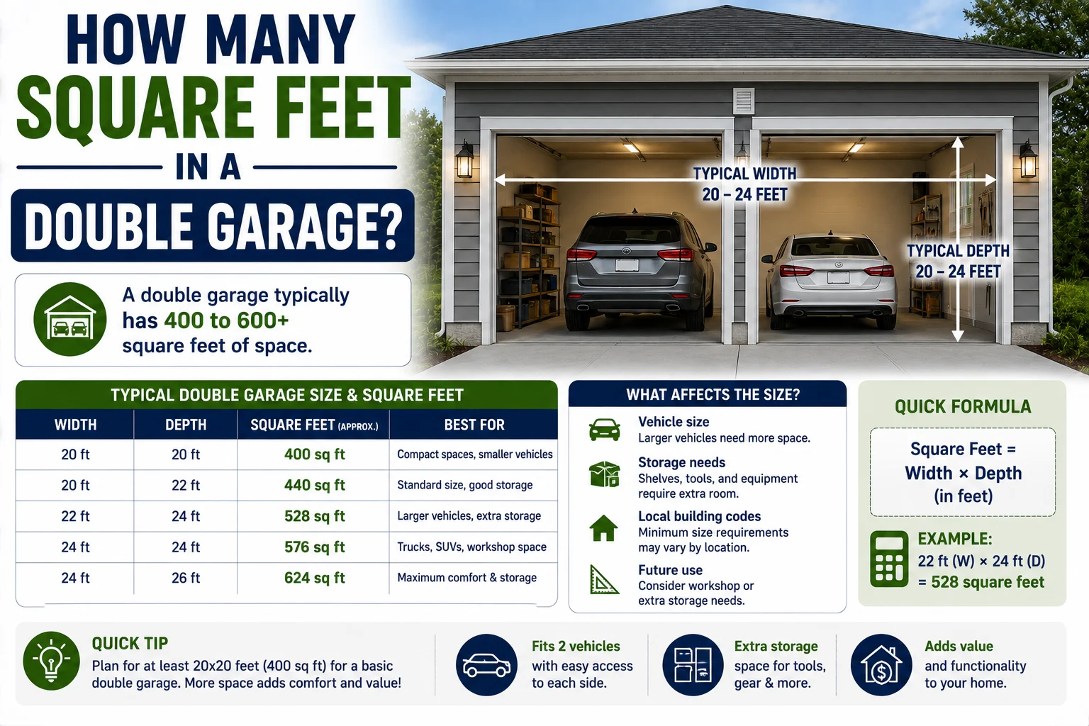 how many square feet in a double garage