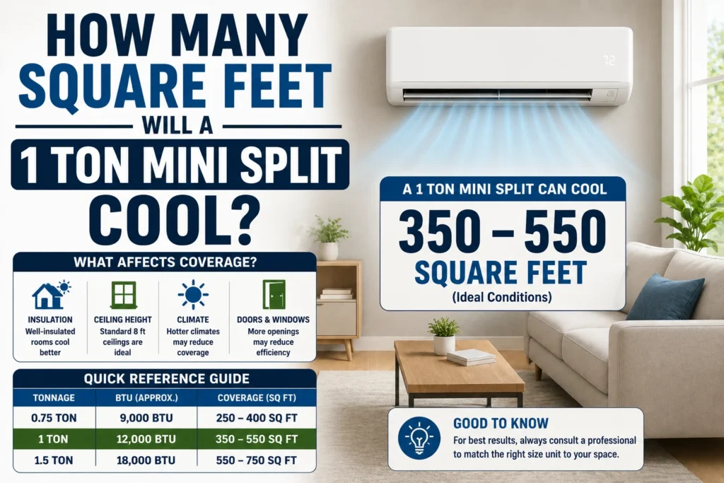 how many square feet will a 1 ton mini split cool