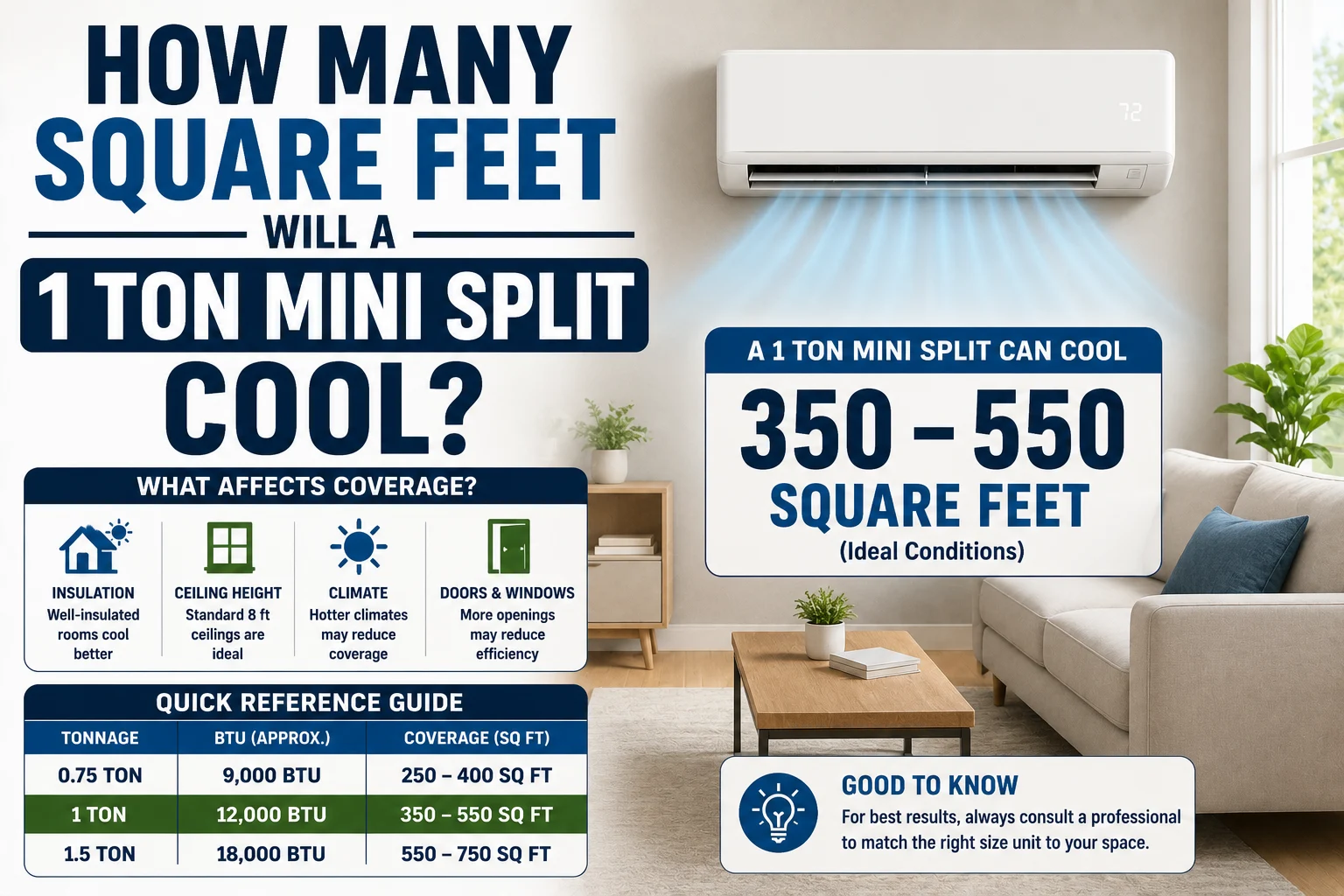 how many square feet will a 1 ton mini split cool