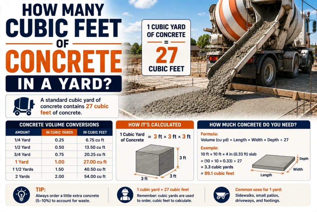 ow many cubic feet of concrete in a yard